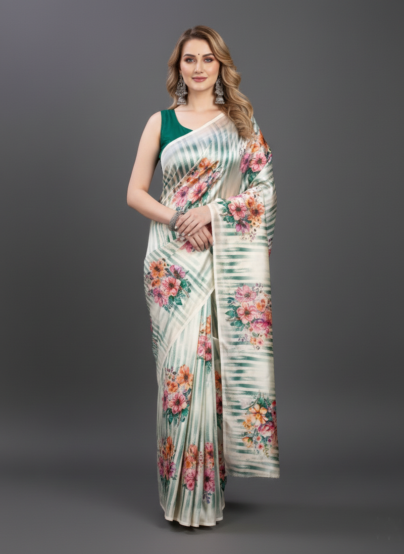 Cream printed satin saree with blouse piece