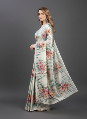 Cream printed satin saree with blouse piece 2