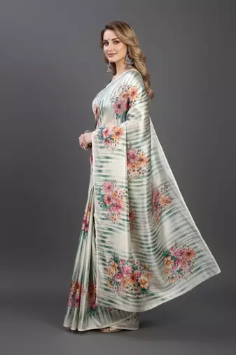 Cream printed satin saree with blouse piece