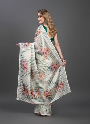 Cream printed satin saree with blouse piece 3