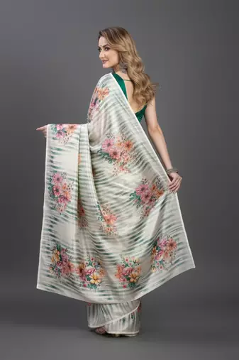 Cream printed satin saree with blouse piece