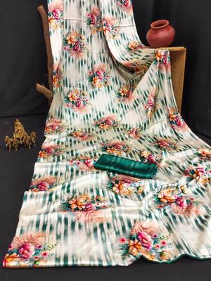 Cream printed satin saree with blouse piece 4