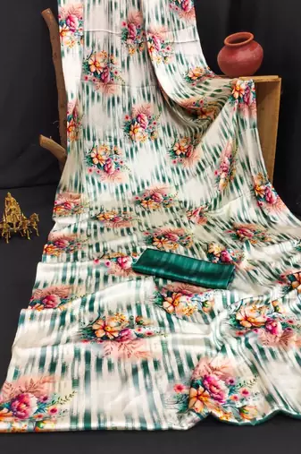 Cream printed satin saree with blouse piece