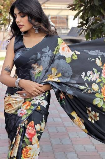 Black printed satin saree with blouse piece