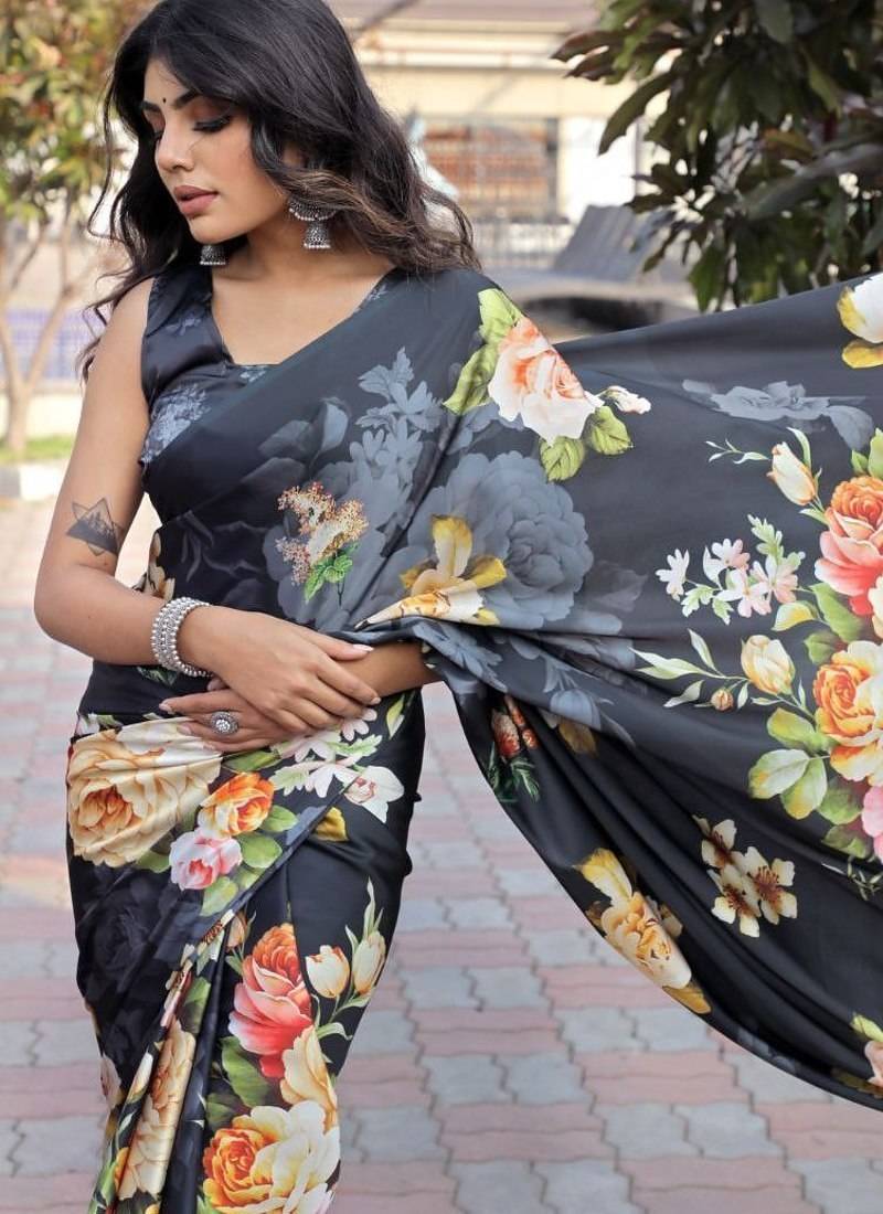 Black printed satin saree with blouse piece