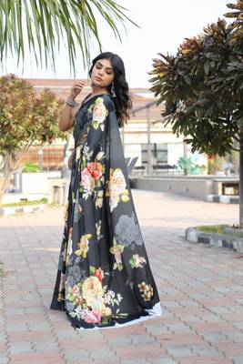 Black printed satin saree with blouse piece 2