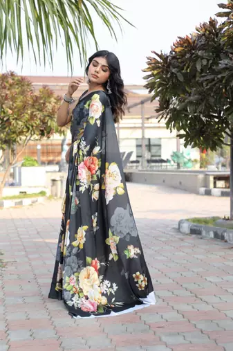 Black printed satin saree with blouse piece