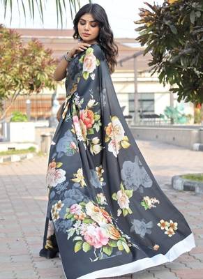 Black printed satin saree with blouse piece 3