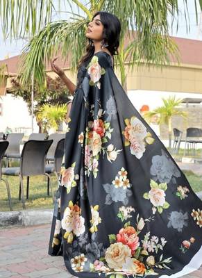 Black printed satin saree with blouse piece 4