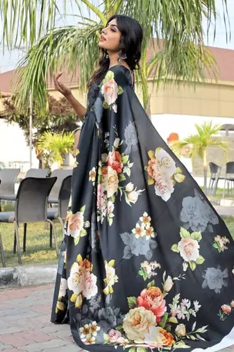 Black printed satin saree with blouse piece