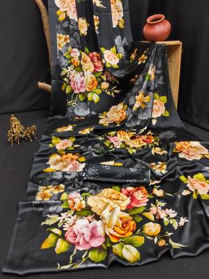 Black printed satin saree with blouse piece 5
