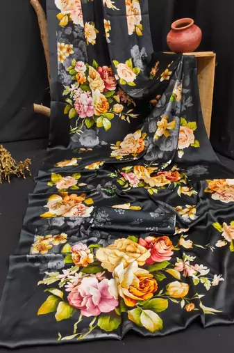 Black printed satin saree with blouse piece