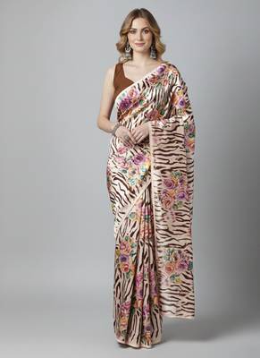 Beige printed satin saree with blouse piece 1