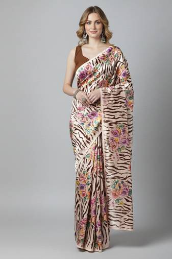 Beige printed satin saree with blouse piece