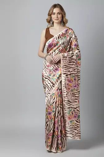 Beige printed satin saree with blouse piece