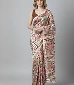 Beige printed satin saree with blouse piece