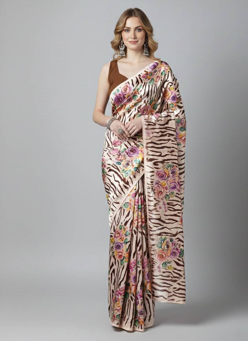 Beige printed satin saree with blouse piece