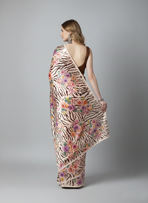 Beige printed satin saree with blouse piece 2