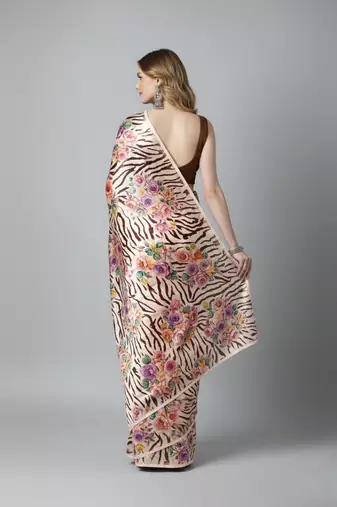 Beige printed satin saree with blouse piece