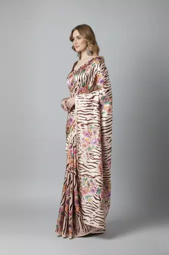 Beige printed satin saree with blouse piece
