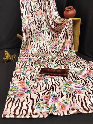 Beige printed satin saree with blouse piece 4