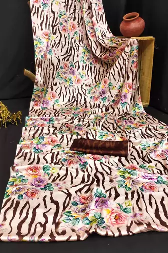 Beige printed satin saree with blouse piece