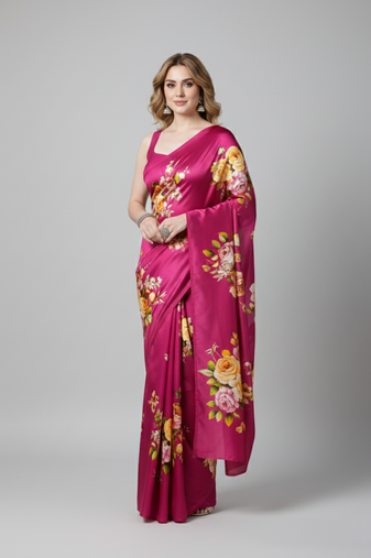 Pink printed satin saree with blouse piece