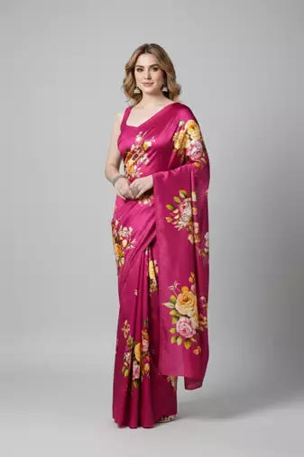 Pink printed satin saree with blouse piece