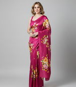 Pink printed satin saree with blouse piece