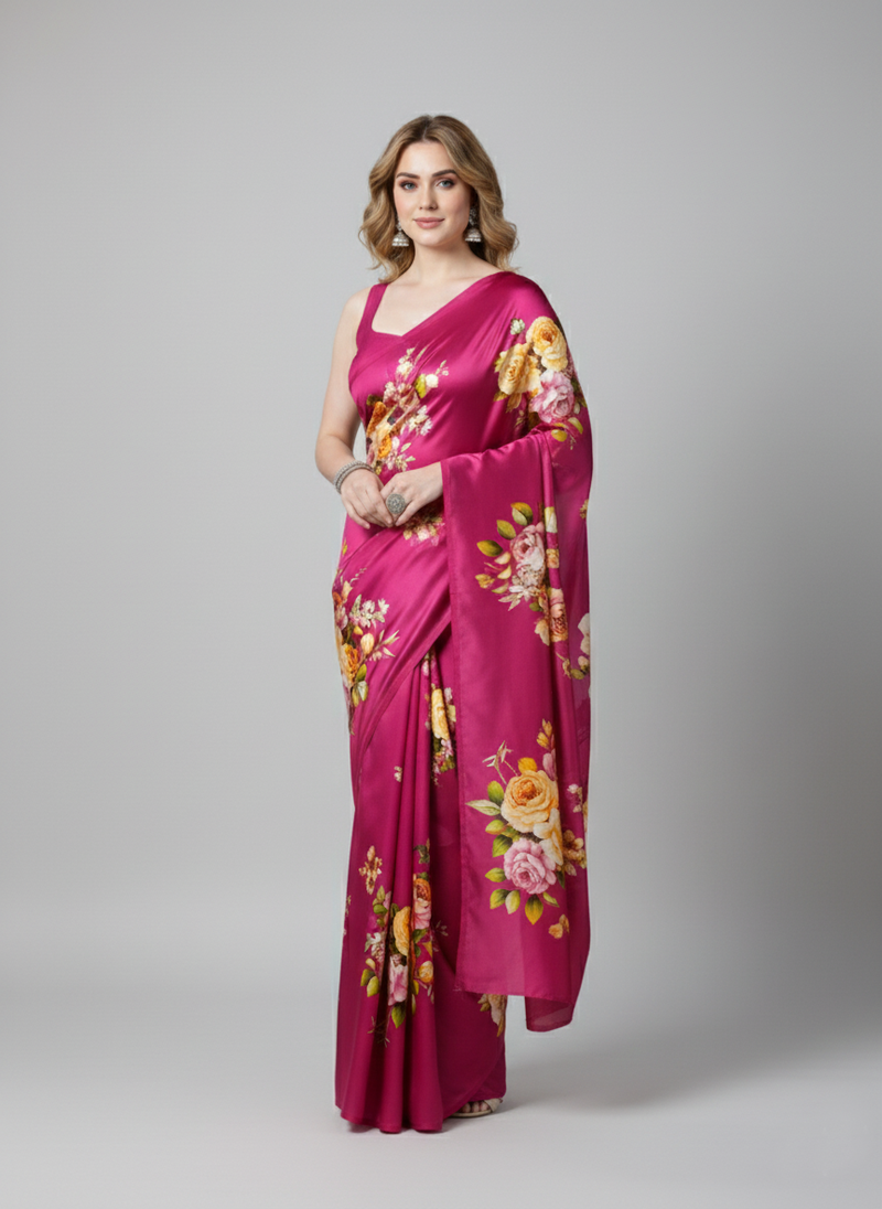 Pink printed satin saree with blouse piece