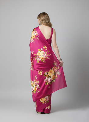 Pink printed satin saree with blouse piece 2