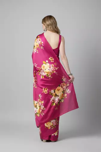 Pink printed satin saree with blouse piece