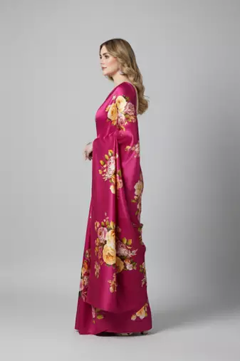 Pink printed satin saree with blouse piece