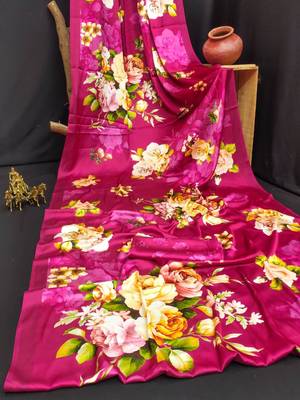 Pink printed satin saree with blouse piece 4