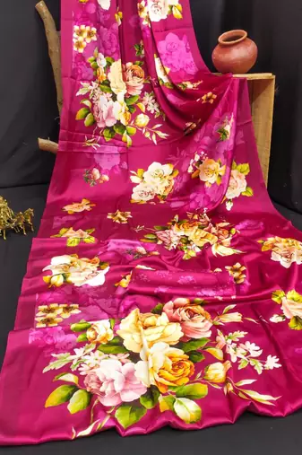 Pink printed satin saree with blouse piece