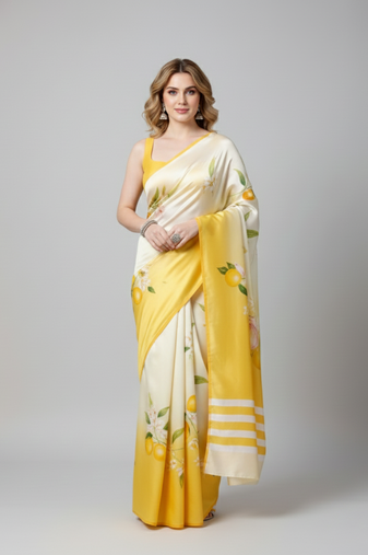 Cream printed satin saree with blouse piece