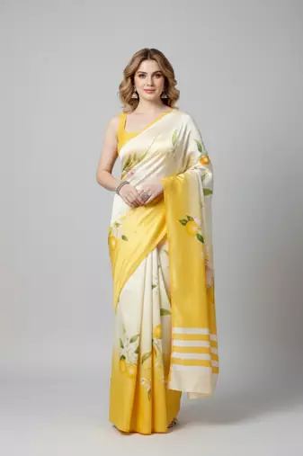 Cream printed satin saree with blouse piece