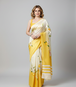 Cream printed satin saree with blouse piece