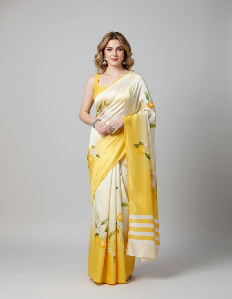 Cream printed satin saree with blouse piece