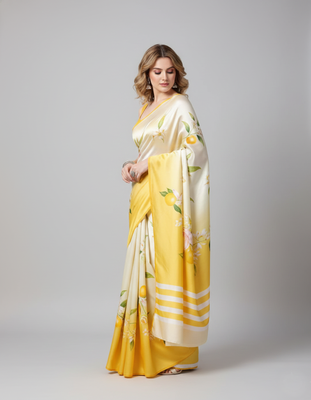 Cream printed satin saree with blouse piece 2
