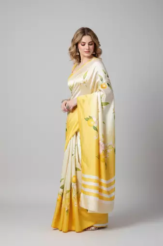 Cream printed satin saree with blouse piece