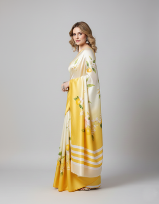 Cream printed satin saree with blouse piece 3