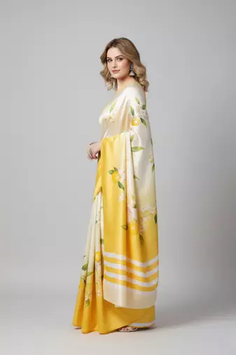 Cream printed satin saree with blouse piece