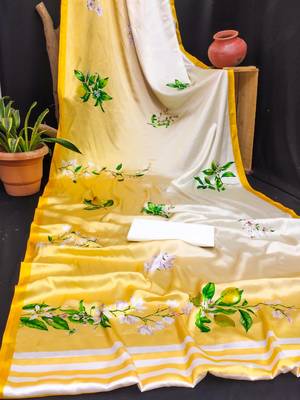 Cream printed satin saree with blouse piece 4
