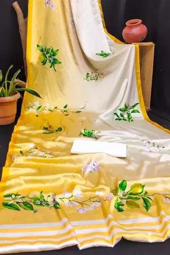 Cream printed satin saree with blouse piece