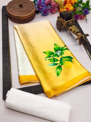 Cream printed satin saree with blouse piece 5