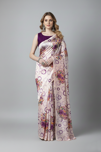 Purple printed satin saree with blouse piece