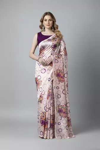 Purple printed satin saree with blouse piece