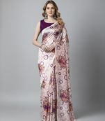 Purple printed satin saree with blouse piece