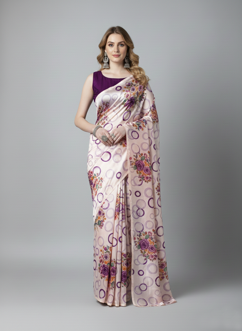 Purple printed satin saree with blouse piece